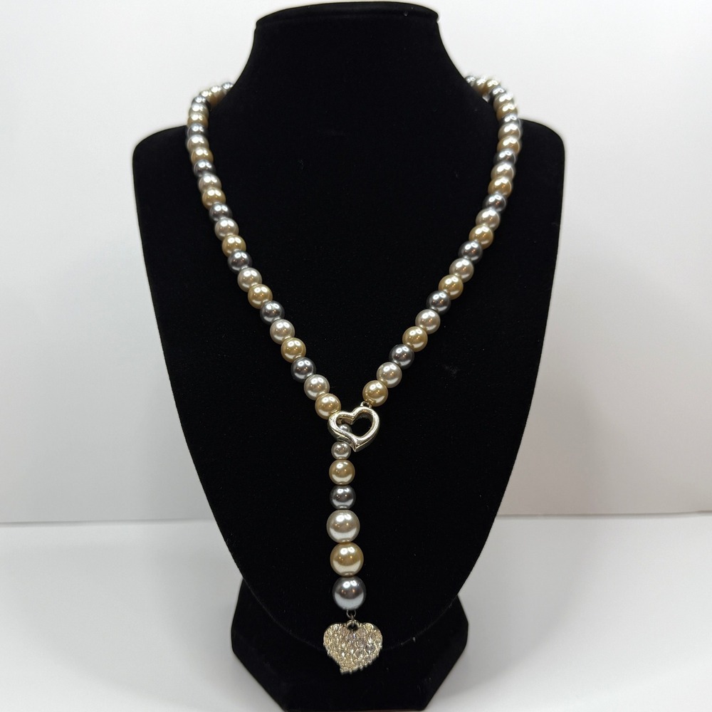 NRT Faux Pearl Beaded Y Lariat Necklace Rhinestone Heart Pendant Charm Jewelry
